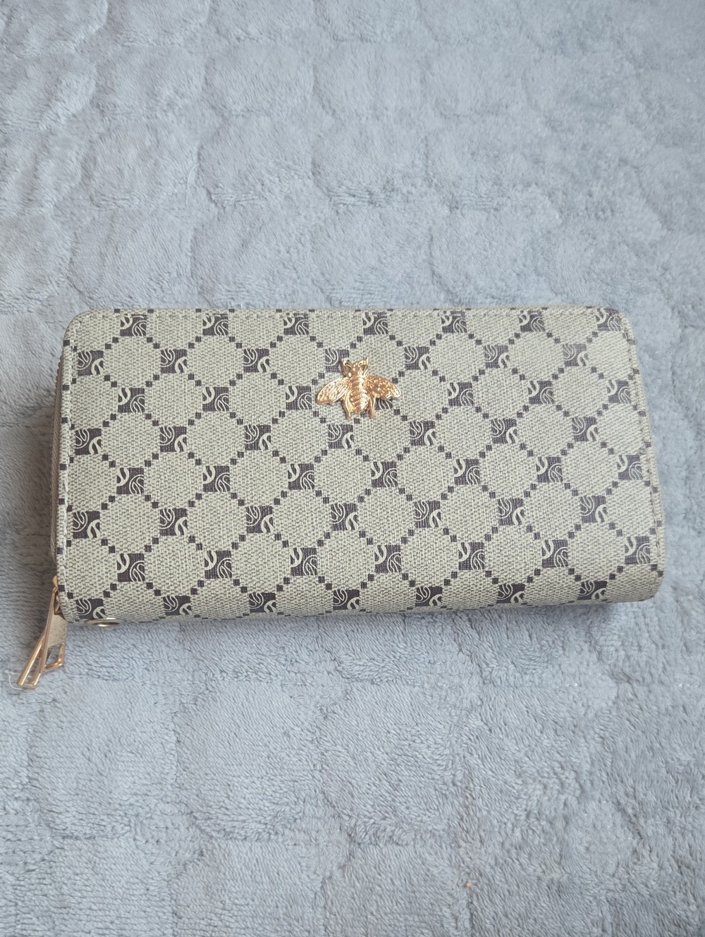 Beige Patterned Zip-Around Wallet with Gold Bee Accent - Picture 1 of 5